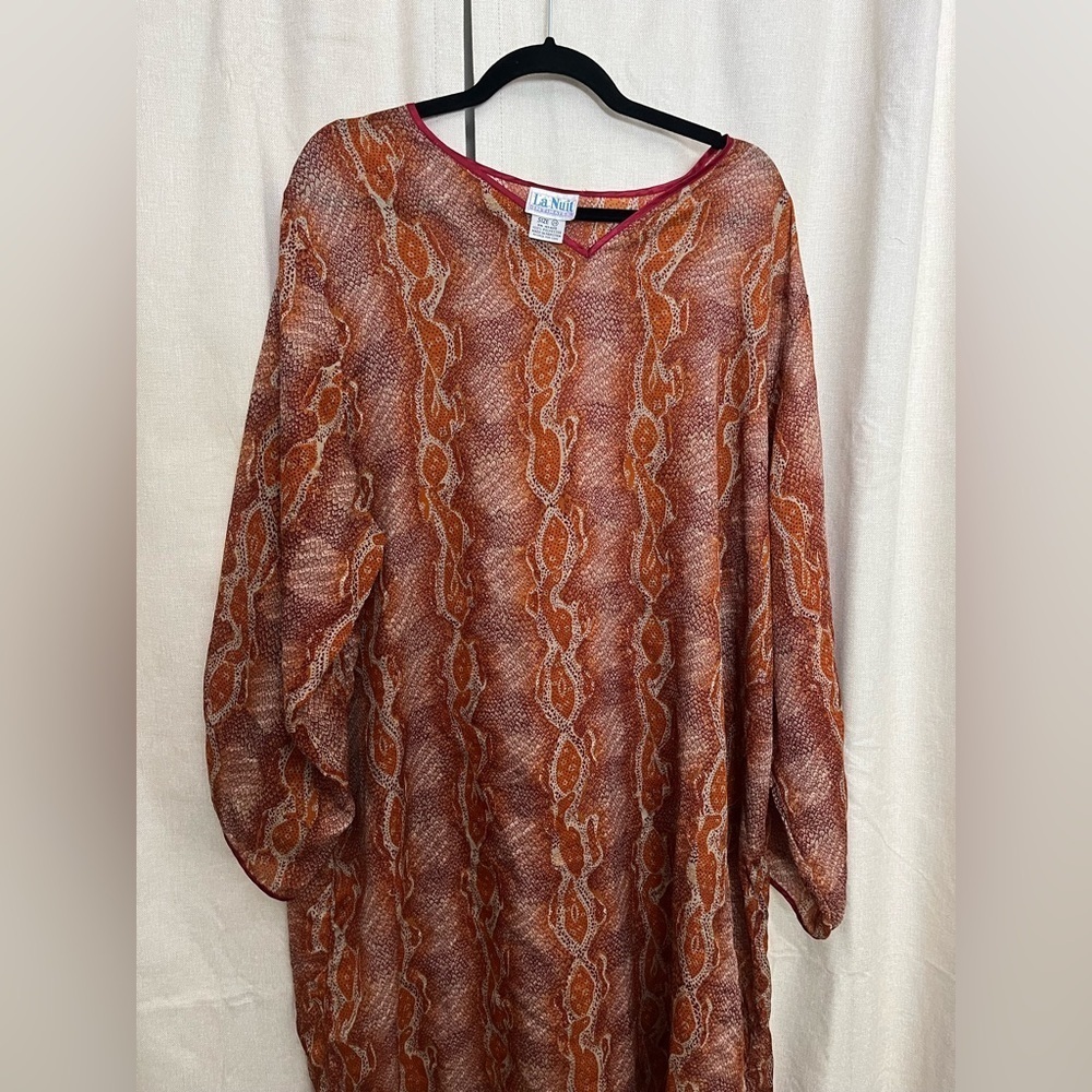 5/$45 Vintage 70s Long Semi Sheer Orange Snakeskin Kaftan by La Nuit - Picture 3 of 14